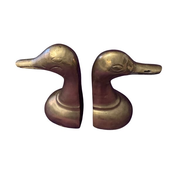 Vintage Leonard Brass Mallard Duck Head Bookends Tall MCM Figurines Korea Patina - Picture 7 of 9